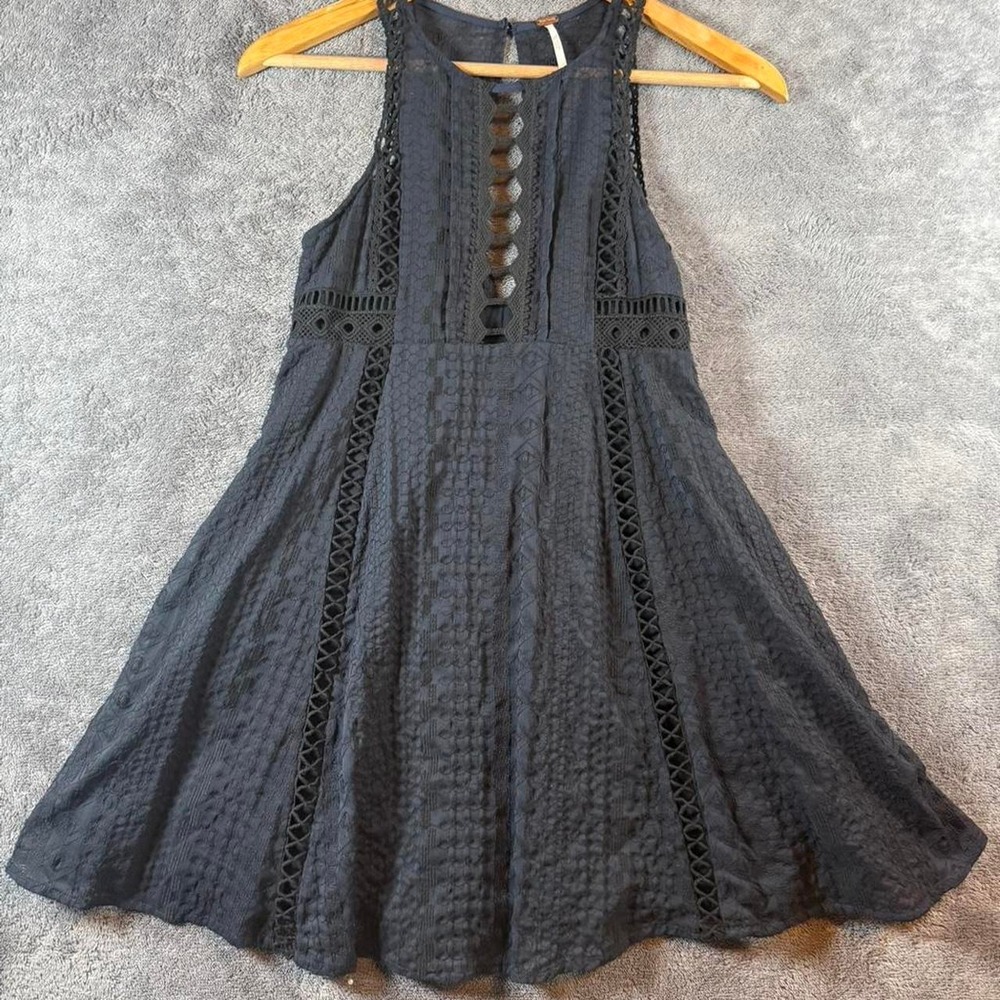 Free People Navy Blue "Wherever You Go" Crocheted Mini Dress S